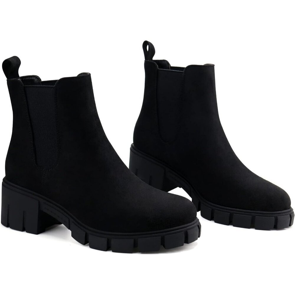 Women Black Suede Double Elastic Slip on Mid Heel Platform Chelsea Ankle Booties - Picture 6 of 6
